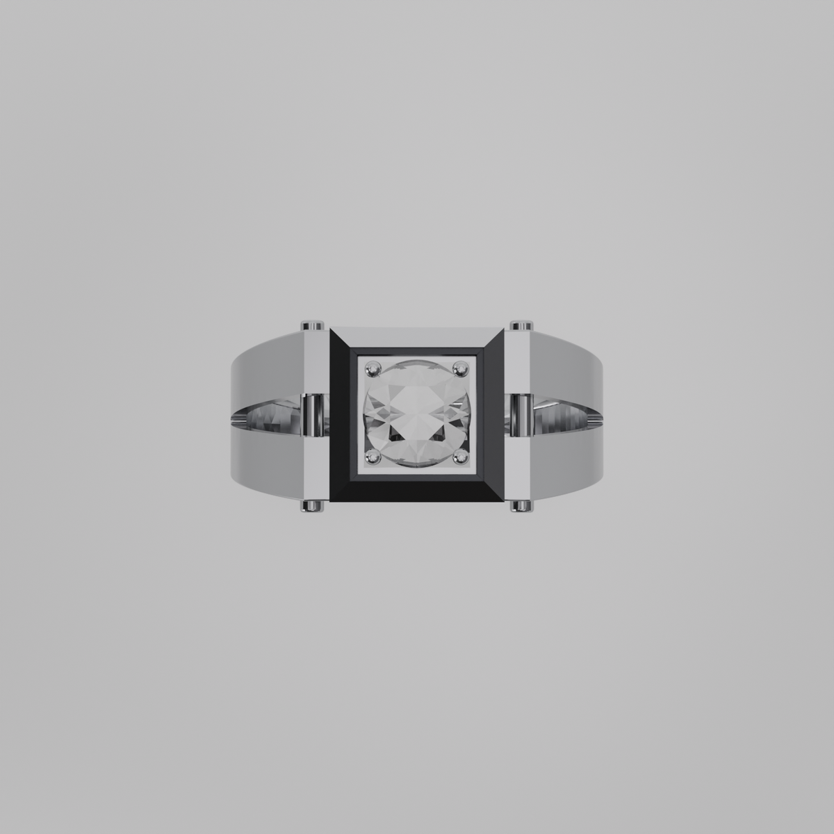 Men's round diamond square-frame ring in white gold, flat top view