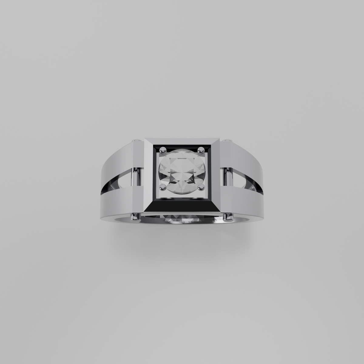 Men's round diamond square-frame ring in white gold, top hero view