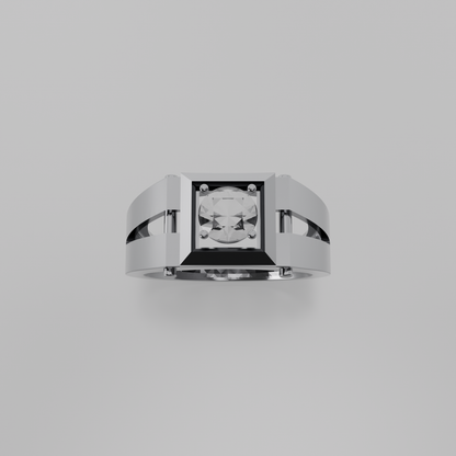 Men's round diamond square-frame ring in white gold, top hero view