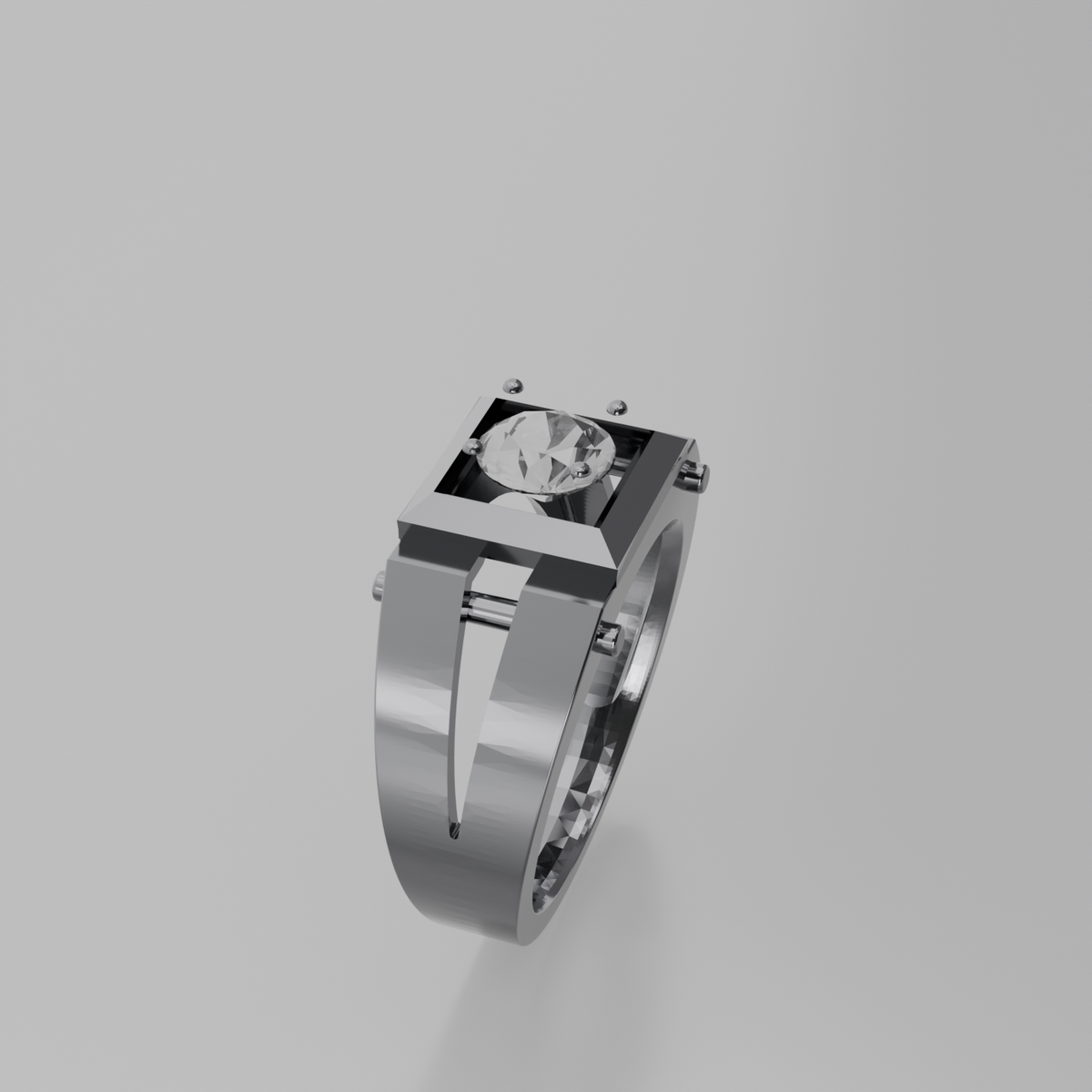 Men's round diamond square-frame ring in white gold, left side view