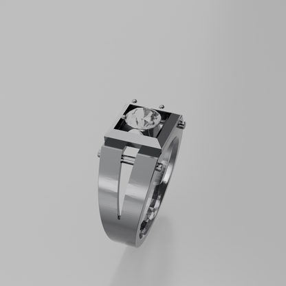 Men's round diamond square-frame ring in white gold, left side view