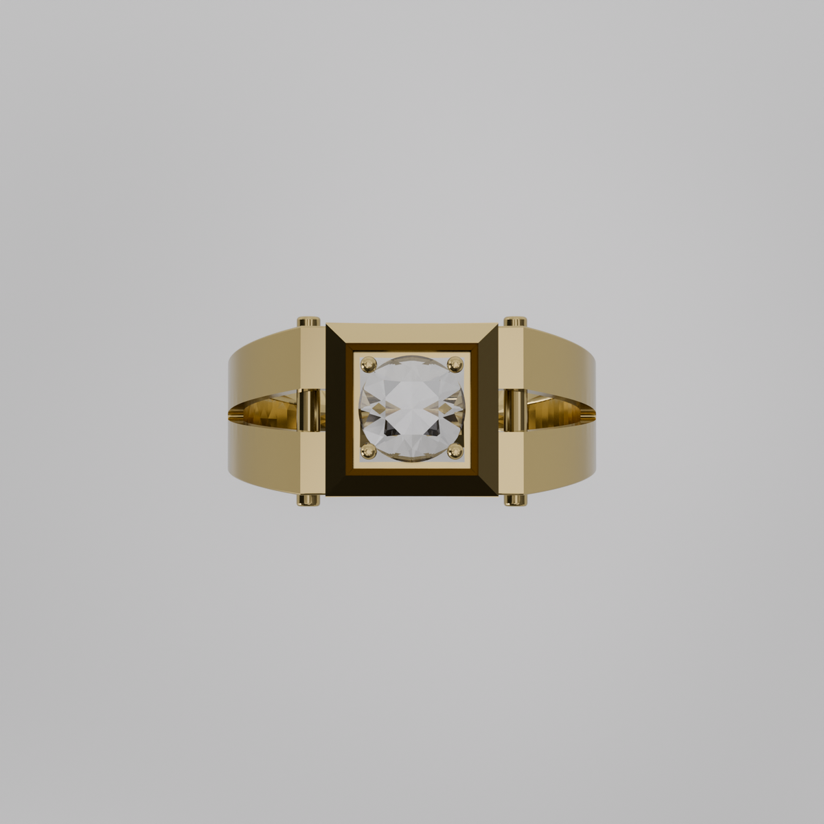 Men's round diamond square-frame ring in yellow gold, flat top view