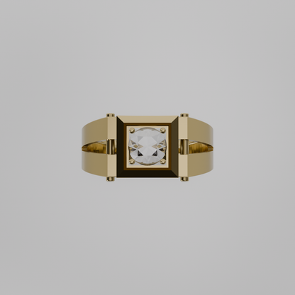 Men's round diamond square-frame ring in yellow gold, flat top view