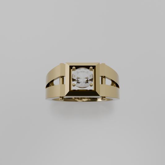 Men's round diamond square-frame ring in yellow gold, top hero view