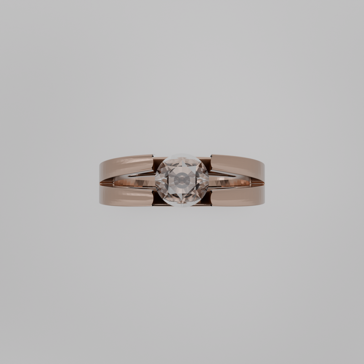 Men's round diamond split double band tension solitaire in rose gold, flat top view