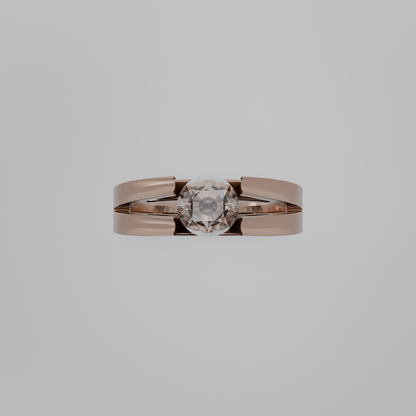 Men's round diamond split double band tension solitaire in rose gold, flat top view