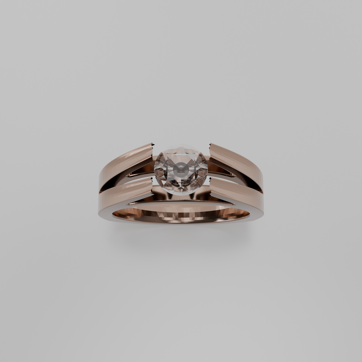 Men's round diamond split double band tension solitaire in rose gold, top hero view