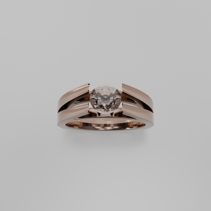 Men's round diamond split double band tension solitaire in rose gold, top hero view