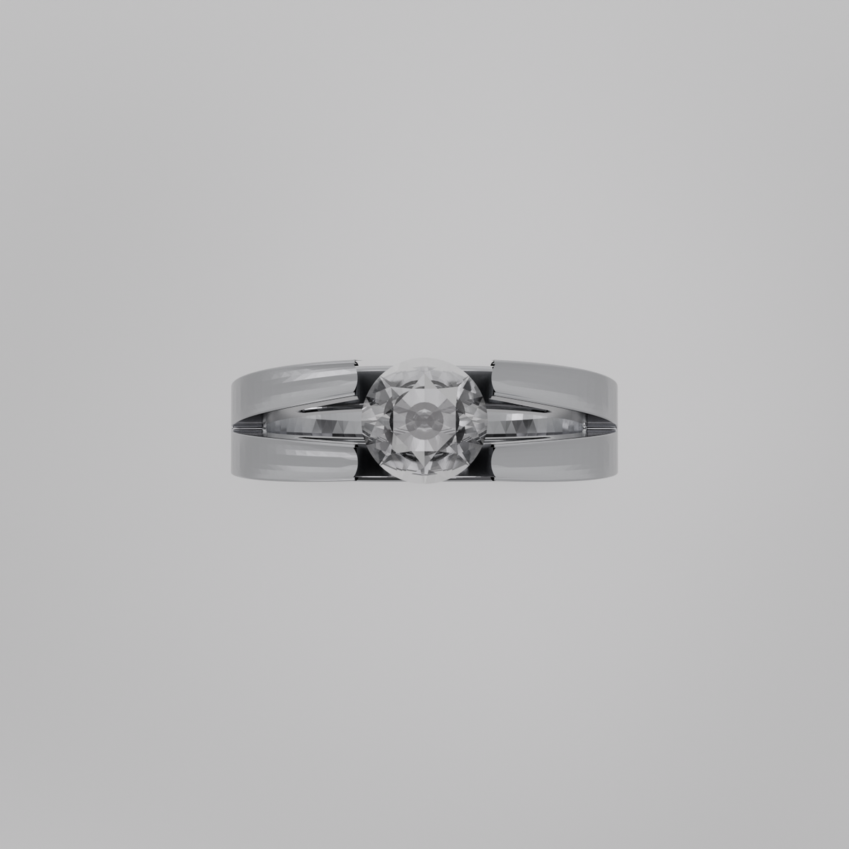 Men's round diamond split double band tension solitaire in white gold, flat top view