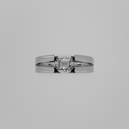 Men's round diamond split double band tension solitaire in white gold, flat top view