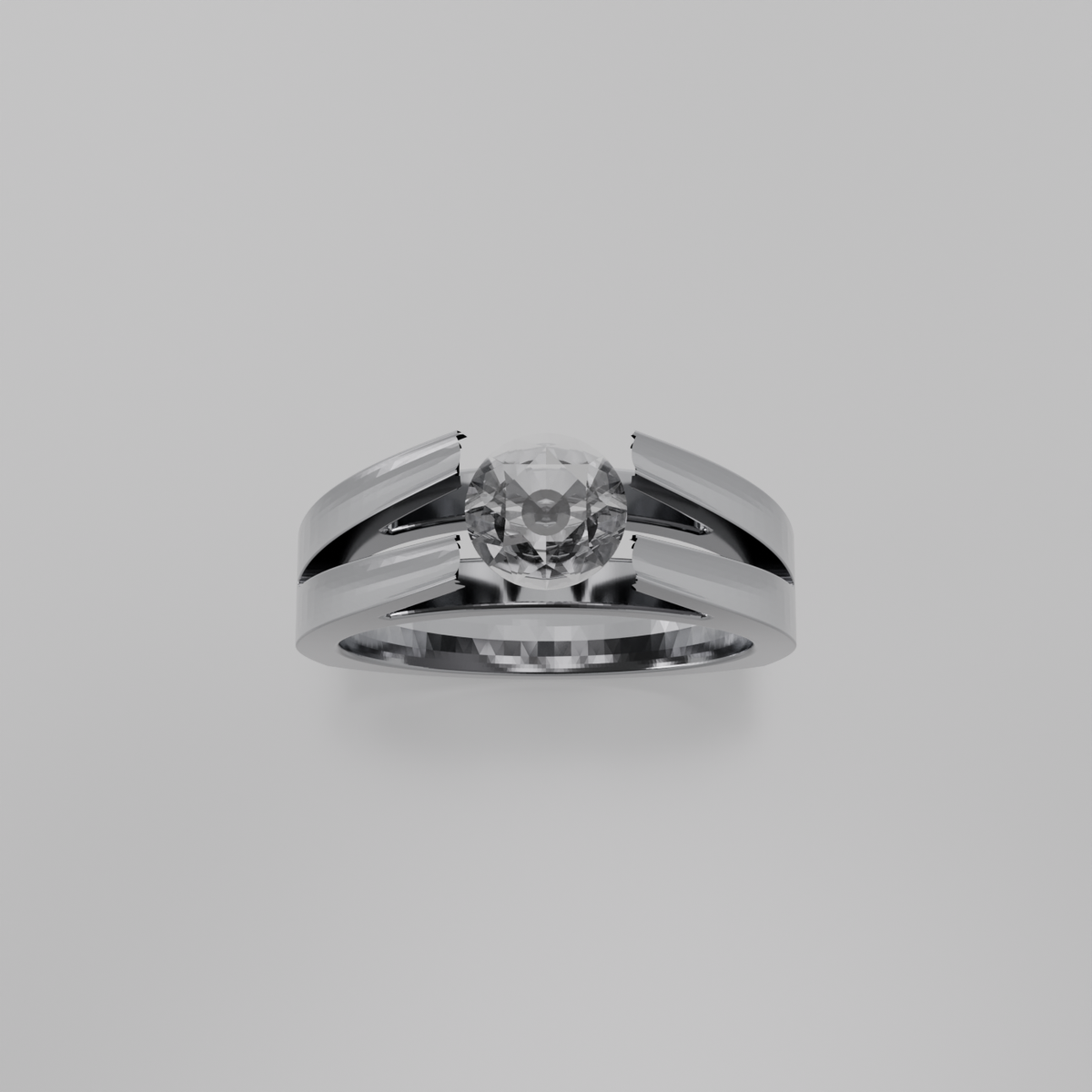 Men's round diamond split double band tension solitaire in white gold, top hero view
