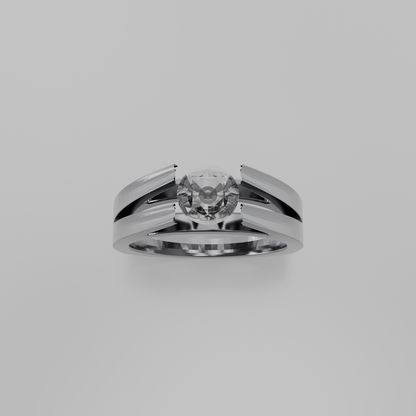Men's round diamond split double band tension solitaire in white gold, top hero view