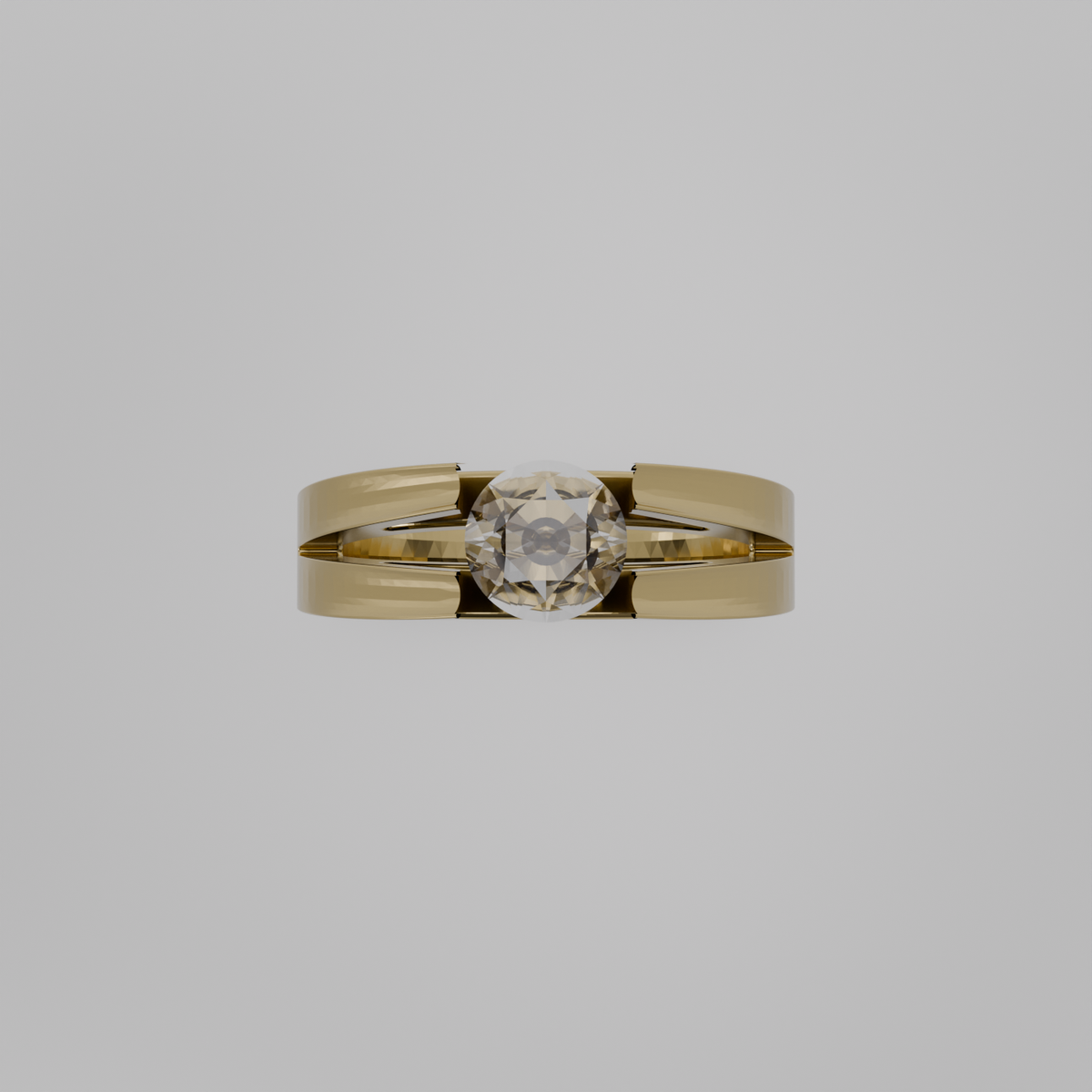 Men's round diamond split double band tension solitaire in yellow gold, flat top view
