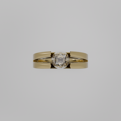 Men's round diamond split double band tension solitaire in yellow gold, flat top view