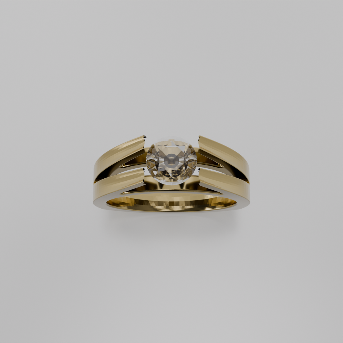 Men's round diamond split double band tension solitaire in yellow gold, top hero view
