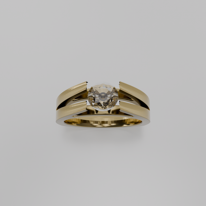 Men's round diamond split double band tension solitaire in yellow gold, top hero view