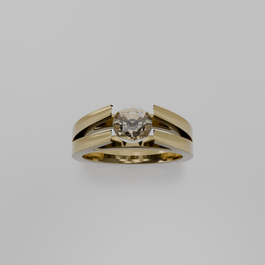 Men's round diamond split double band tension solitaire in yellow gold, top hero view
