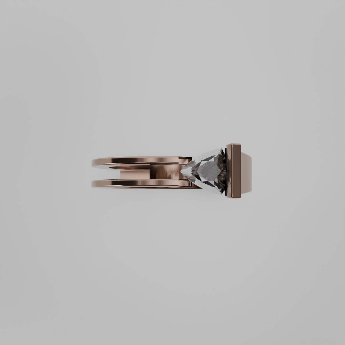 Men's tension-set diamond open split shank ring in rose gold, flat top view