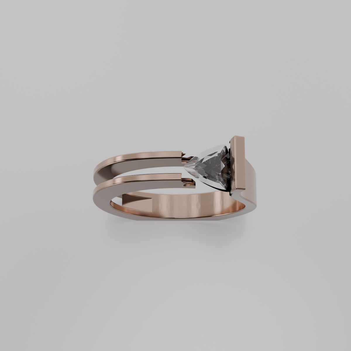 Men's tension-set diamond open split shank ring in rose gold, top hero view