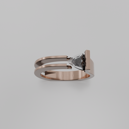 Men's tension-set diamond open split shank ring in rose gold, top hero view