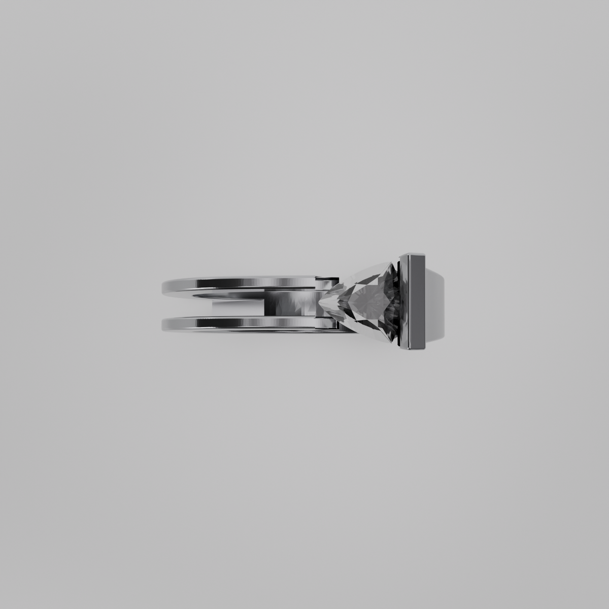 Men's tension-set diamond open split shank ring in white gold, flat top view
