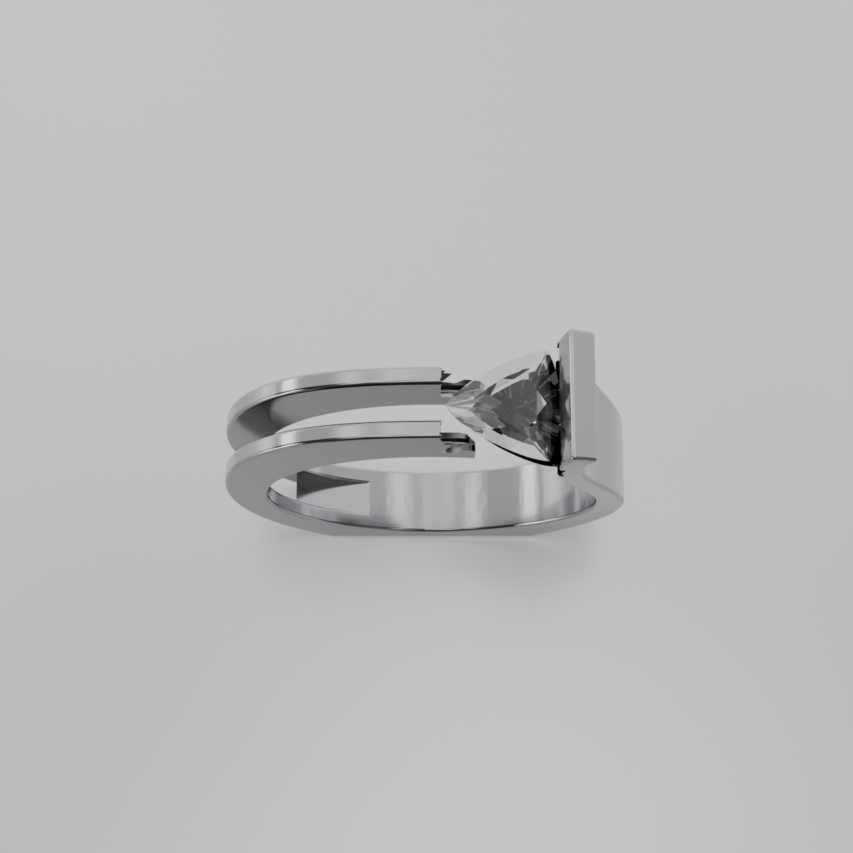 Men's tension-set diamond open split shank ring in white gold, top hero view