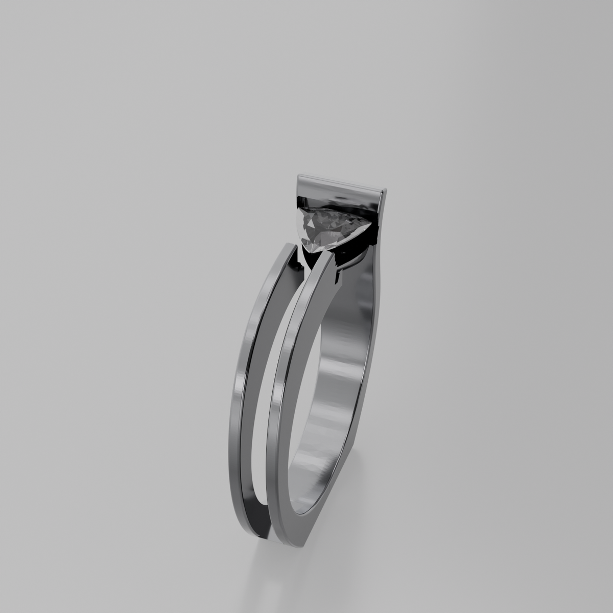 Men's tension-set diamond open split shank ring in white gold, left side view