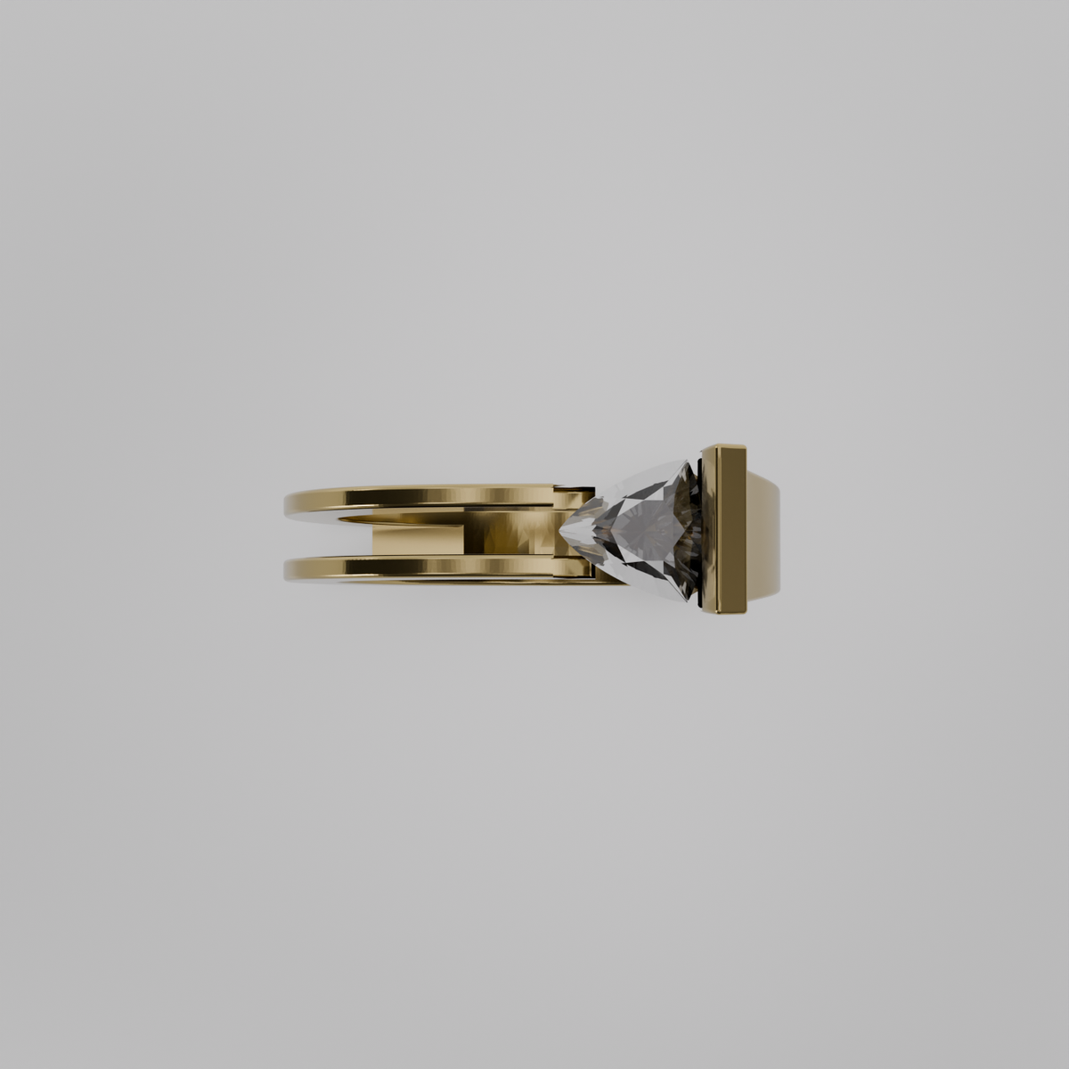 Men's tension-set diamond open split shank ring in yellow gold, flat top view