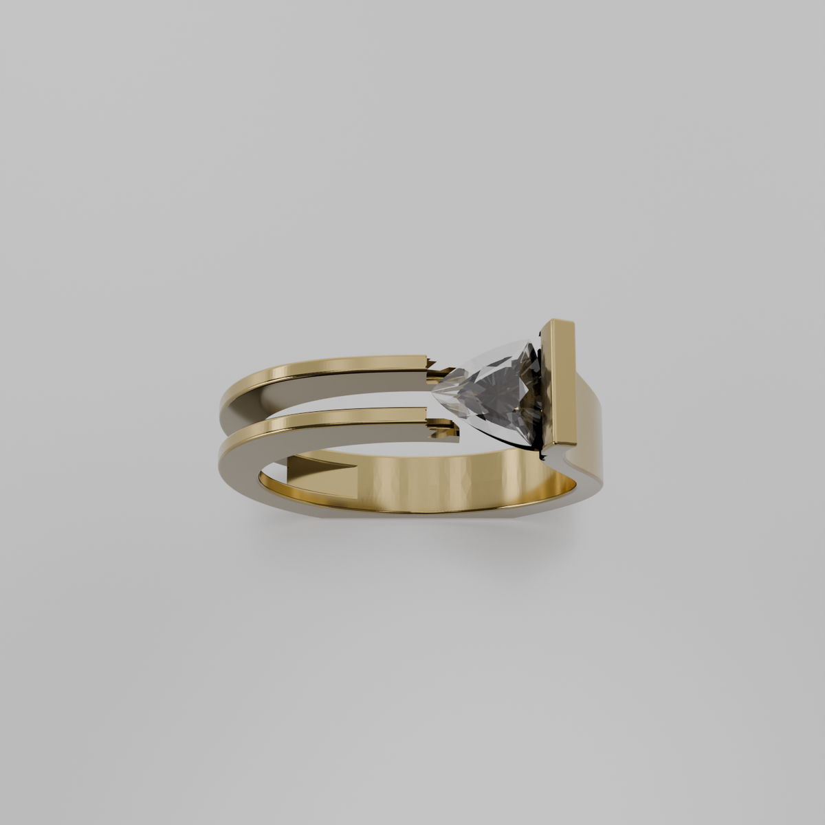 Men's tension-set diamond open split shank ring in yellow gold, top hero view