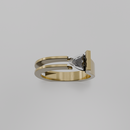 Men's tension-set diamond open split shank ring in yellow gold, top hero view