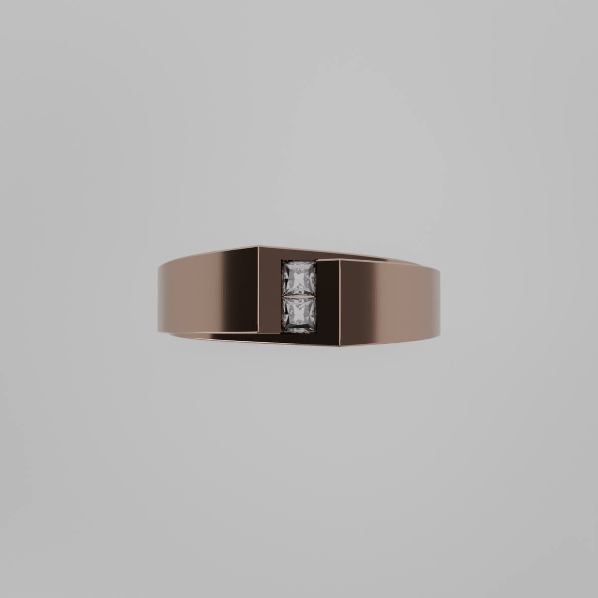 Men's two-stone princess channel diamond band in rose gold, flat top view