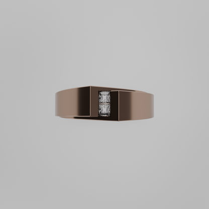 Men's two-stone princess channel diamond band in rose gold, flat top view