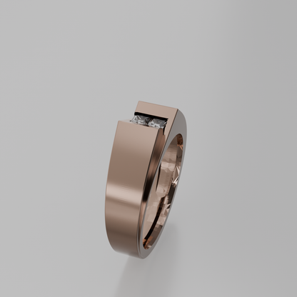 Men's two-stone princess channel diamond band in rose gold, left side view