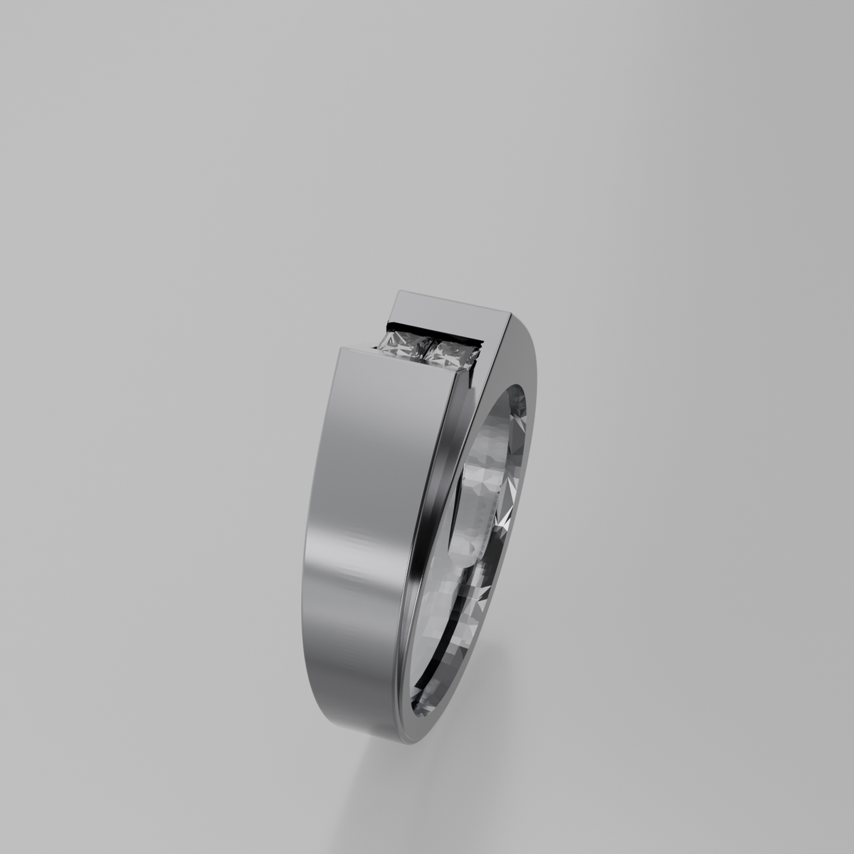 Men's two-stone princess channel diamond band in white gold, left side view