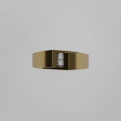 Men's two-stone princess channel diamond band in yellow gold, flat top view
