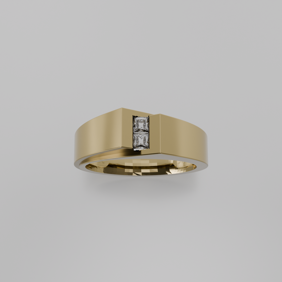 Men's two-stone princess channel diamond band in yellow gold, top hero view