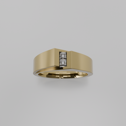 Men's two-stone princess channel diamond band in yellow gold, top hero view