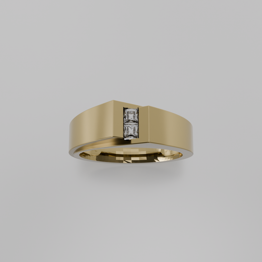 Men's two-stone princess channel diamond band in yellow gold, top hero view