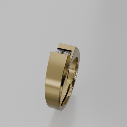 Men's two-stone princess channel diamond band in yellow gold, left side view