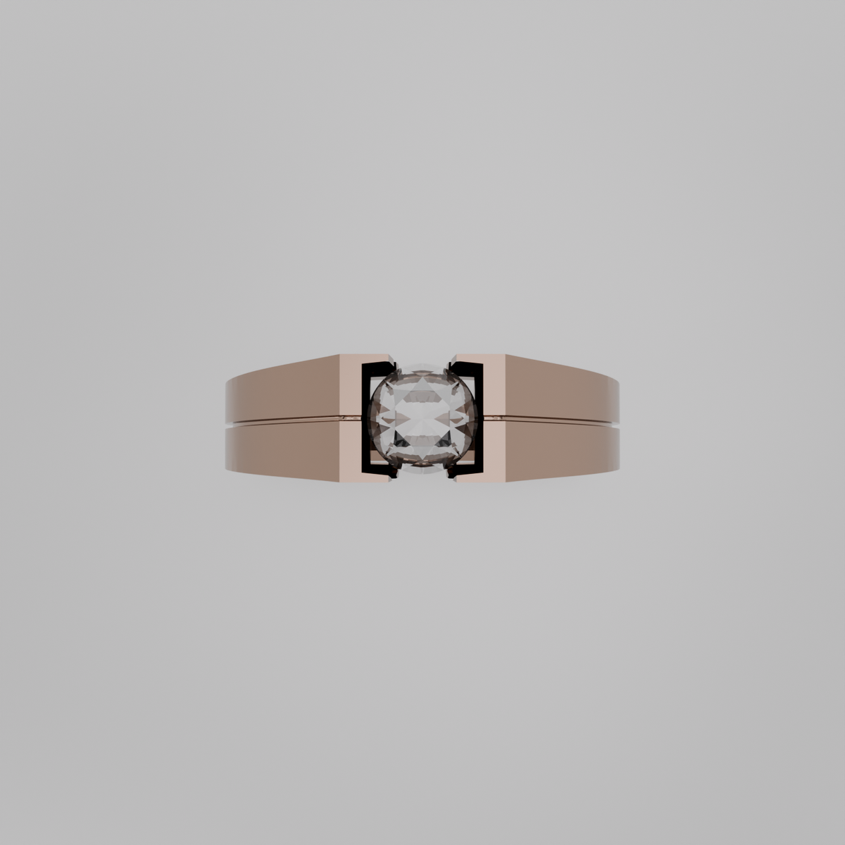 Men's round diamond tension solitaire wide band ring in rose gold, flat top view