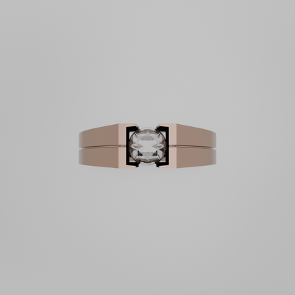 Men's round diamond tension solitaire wide band ring in rose gold, flat top view