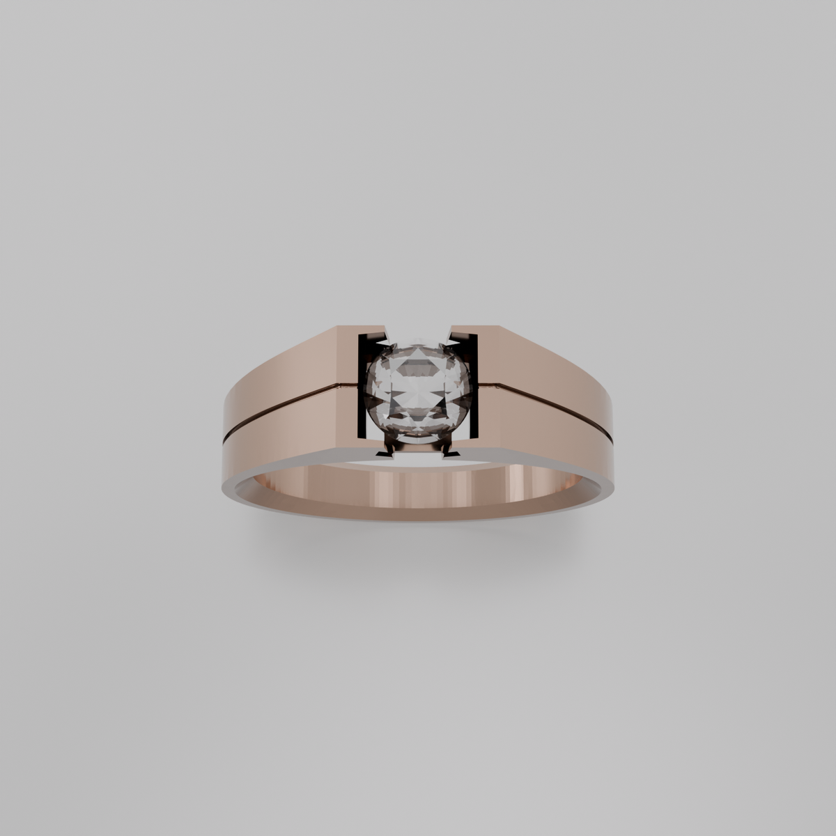 Men's round diamond tension solitaire wide band ring in rose gold, top hero view
