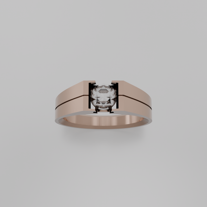 Men's round diamond tension solitaire wide band ring in rose gold, top hero view