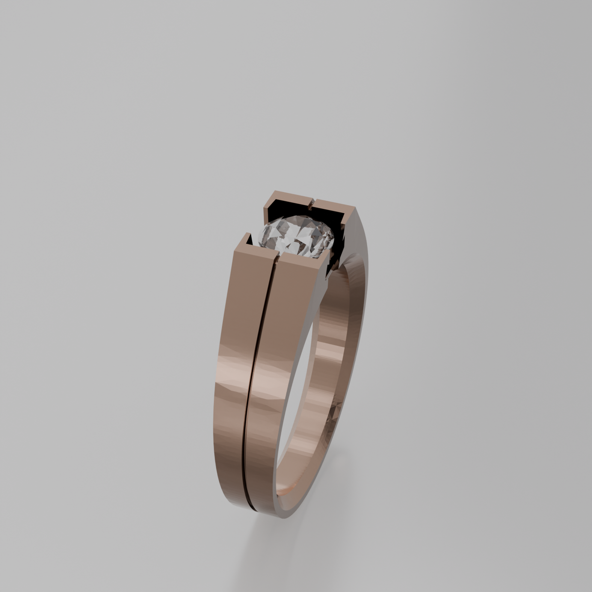 Men's round diamond tension solitaire wide band ring in rose gold, left side view