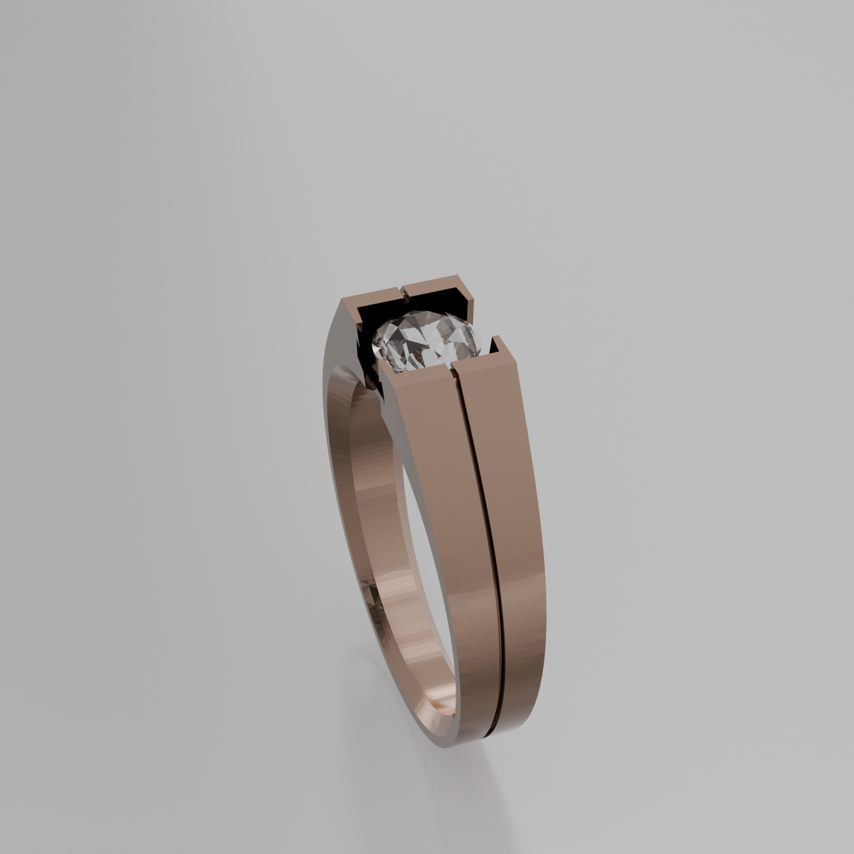 Men's round diamond tension solitaire wide band ring in rose gold, right side view