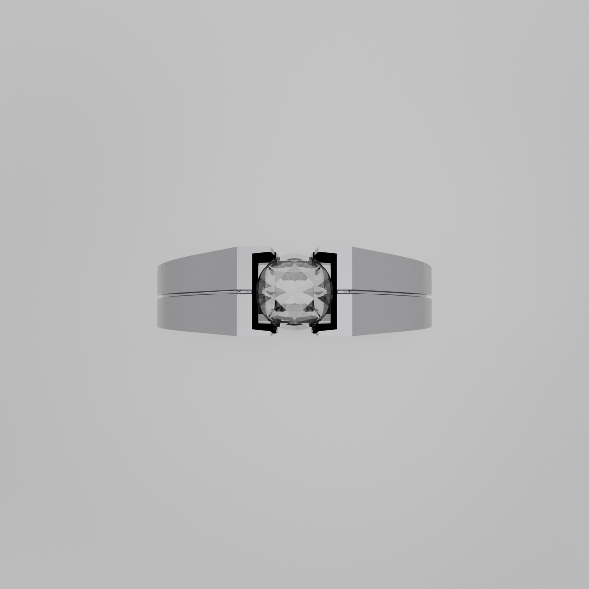 Men's round diamond tension solitaire wide band ring in white gold, flat top view