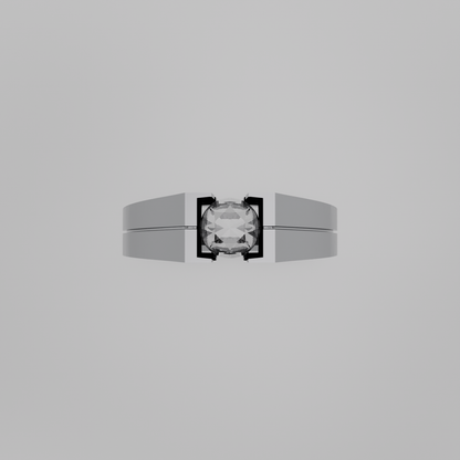 Men's round diamond tension solitaire wide band ring in white gold, flat top view
