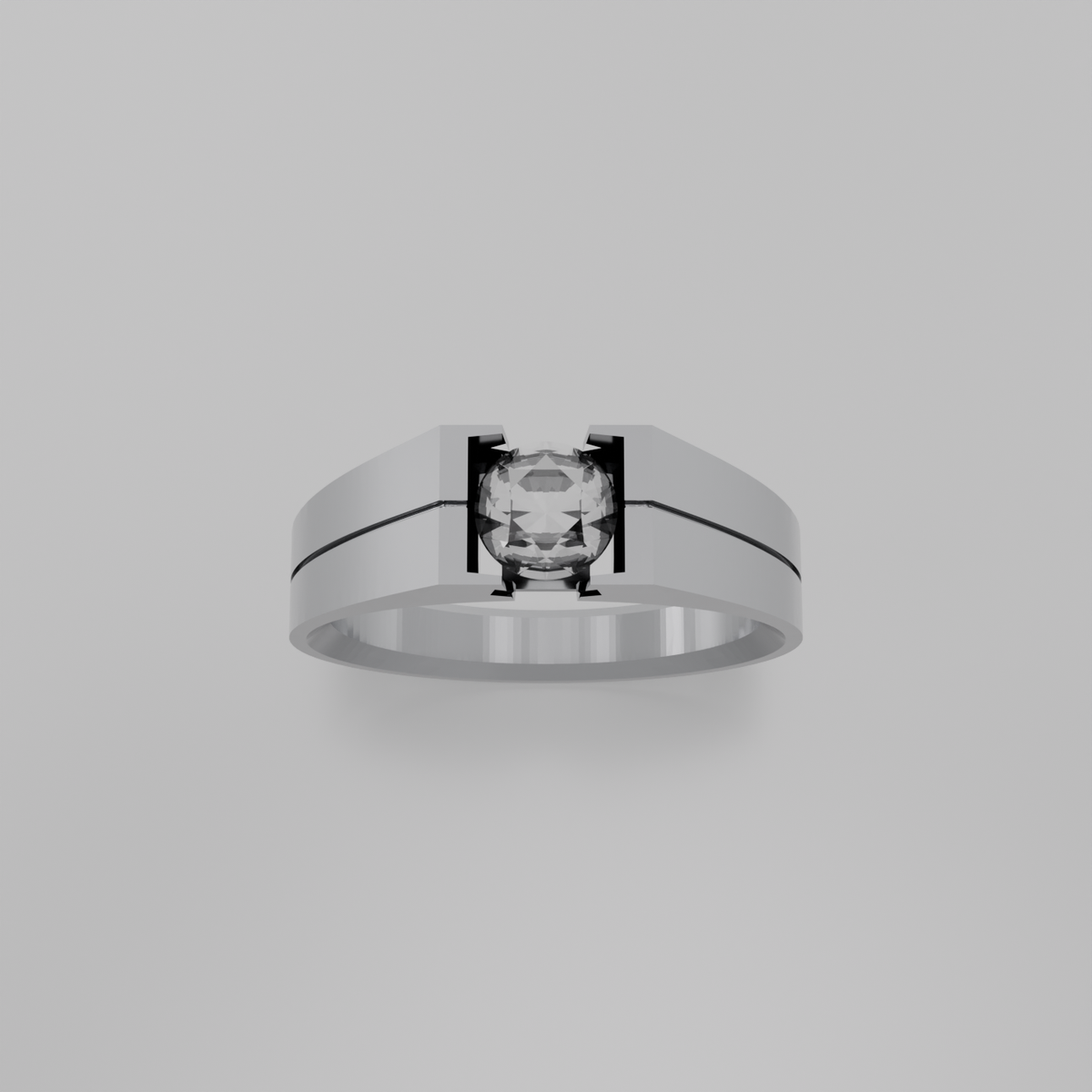 Men's round diamond tension solitaire wide band ring in white gold, top hero view