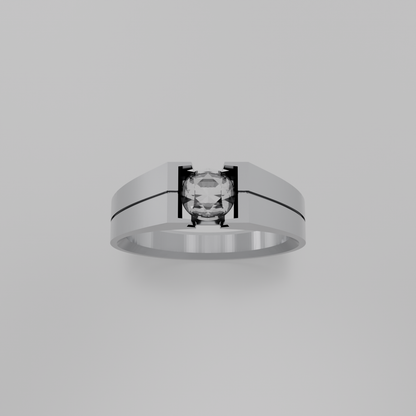 Men's round diamond tension solitaire wide band ring in white gold, top hero view