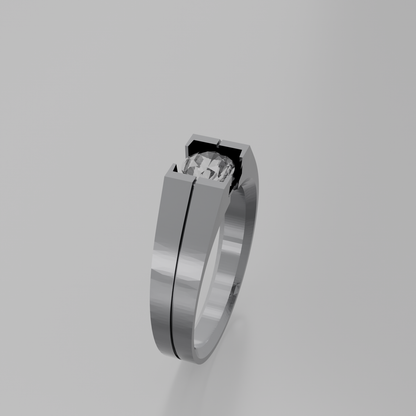 Men's round diamond tension solitaire wide band ring in white gold, left side view